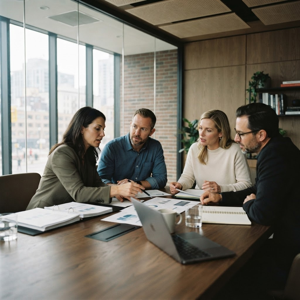 The leadership team of an established marketing agency in a client strategy meeting