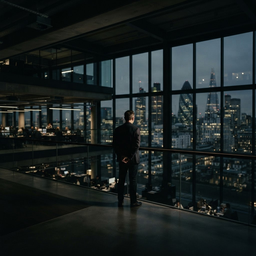 A founder standing in a large modern business premises, looking out over the company they built